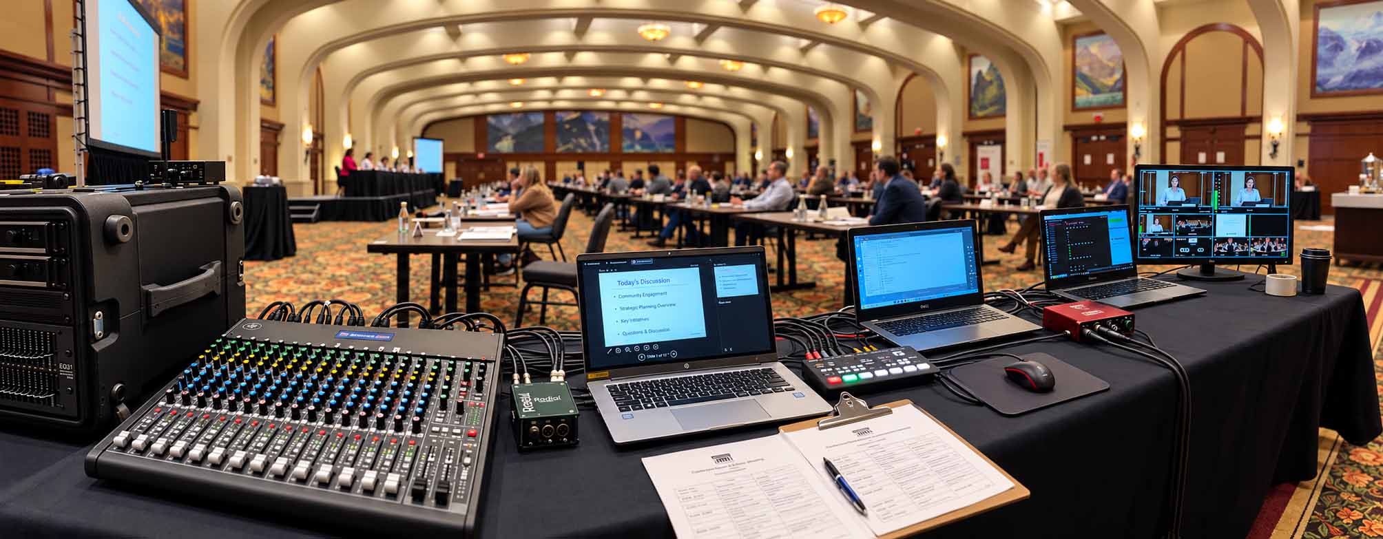 Professional audio visual production equipment and audience at a corporate event in Edmonton